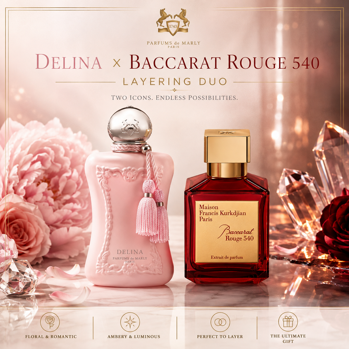 Radiant rose meets luminous amber.